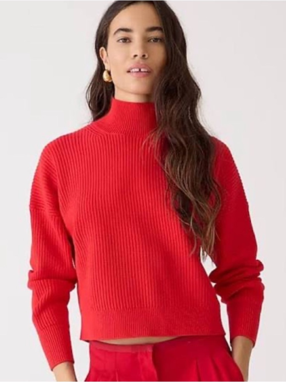 NWT J.CREW Bright Red Stretch Yarn Ribbed Mock Neck Cropped Sweater Size XXS